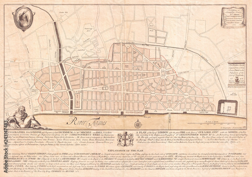Old Map of London, England 1744, Wren