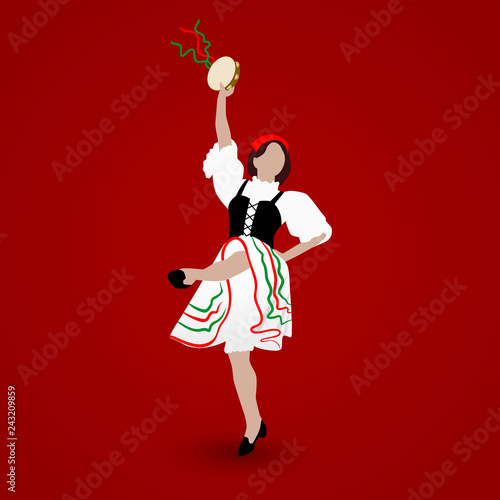 A young girl dressed in a national costume dancing an Italian tarantella with a tambourine on red background