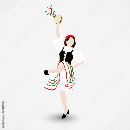 A young girl dressed in a national costume dancing an Italian tarantella with a tambourine isolated on white background
