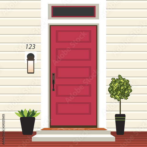 House door front with doorstep and mat, steps, window, lamp, flowers in pot, building entry facade, exterior entrance design illustration vector in flat style