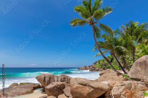 Beautiful beach with palm trees and rocks in Seychelles paradise island.