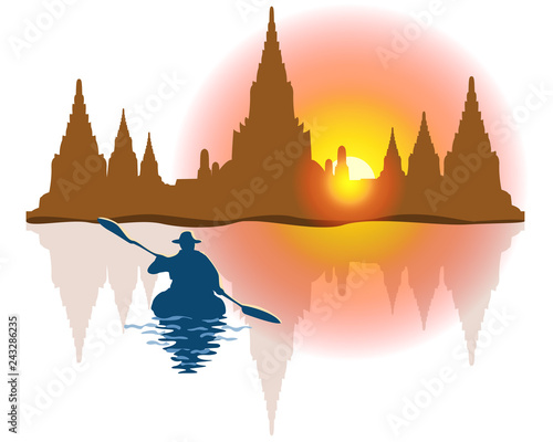 vector of kayaking in the river with pagoda thailand landscape in ayutthaya