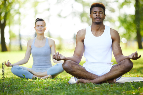 Calm concentrated young multi-ethnic yoga students sitting with crossed legs on grass and touching fingers in mudra while meditating in summer park