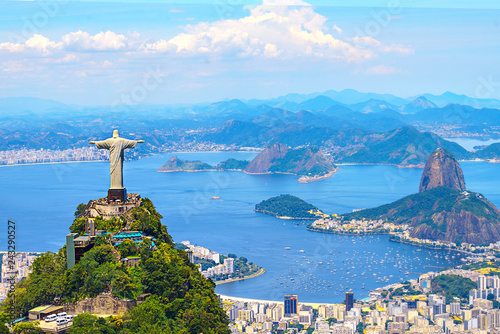 Aerial view of Rio de Janeiro with Christ Redeemer and Corcovado Mountain. Brazil. Latin America, horizontal