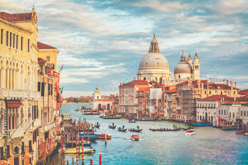 Canal Grande with Basilica di Santa Maria della Salute at sunset with retro vintage effect, Venice, Italy