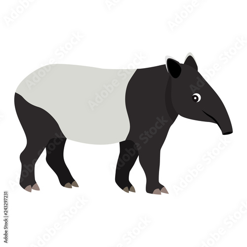 Cute friendly wild animal, black and white tapir icon, vector illustration isolated on white background