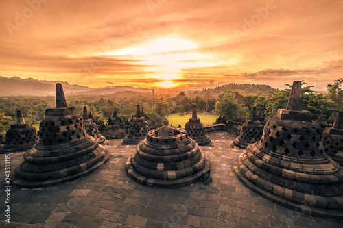 Dramatic sunset Borobudur Temple at sunset Yogyakarta, Java, Indonesia.
