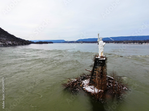 Aerial View of the Dauphin Narrows Statue Of liberty in Dauphin PA by the Susquehanna River