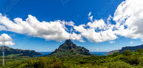 Panoramic view from Belvedere Lookout of Mount Rotui, Moorea French Polynesia