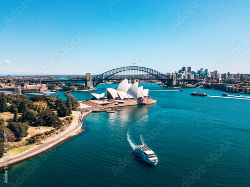 January 10, 2019. Sydney, Australia. Landscape aerial view of Sydney Opera house near Sydney business center around the harbour. 