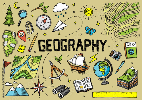 Set of geography symbols. Equipments for web banners. Vintage outline sketch for web banners. Doodle style. Education concept. Back to school background. Hand drawn style.
