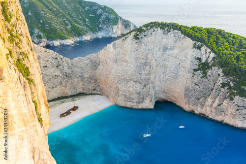 Greece, Zakynthos, Magic shipwreck beach in twilight atmosphere from above