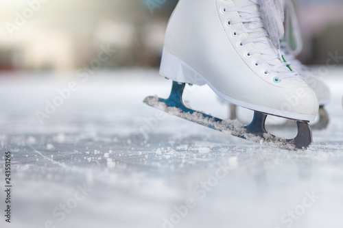 Closeup skating shoes ice skating outdoor at ice rink