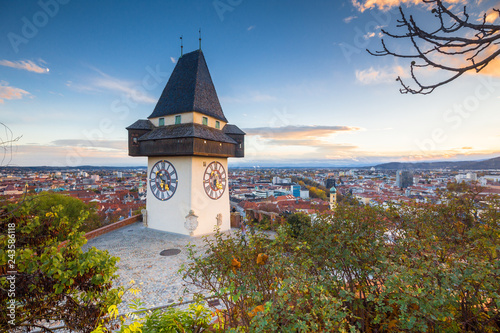 Graz clock tower at sunset, Graz, Styria, Austria