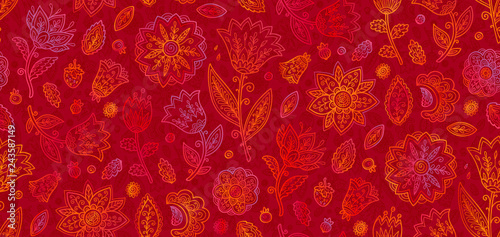 Red and orange doodle flowers in line art style vector seamless vintage pattern tile