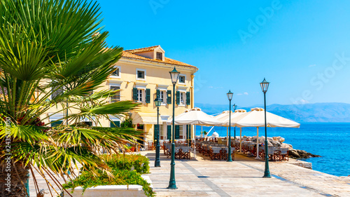 Restaurant on the sea coast in the Kerkyra historic centre, Corfu town, Greece