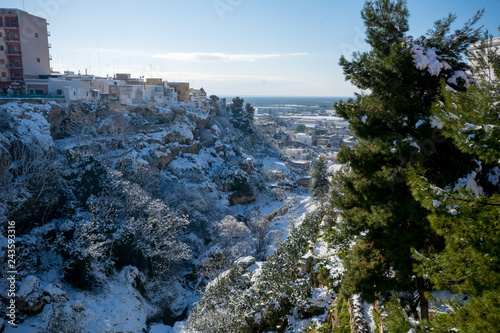 Horizontal View of the Gravina of the Town of Massafra, Covered by Snow on Blue Sky Background