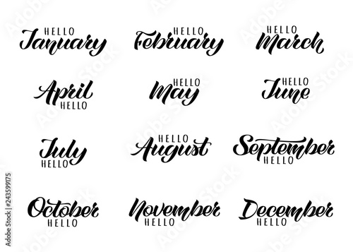 Handwritten names of months: December, January, February, March, April, May, June, July, August, September, October, November. Set of trendy hand lettering of months for calendars and organizers. 