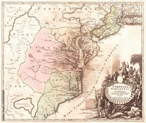 1715, Homann Map of Carolina, Virginia, Maryland and New Jersey