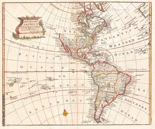 Map of North America and South America, Western Hemisphere, 1747 Bowen