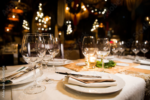 Served dinner table. Restaurant interior