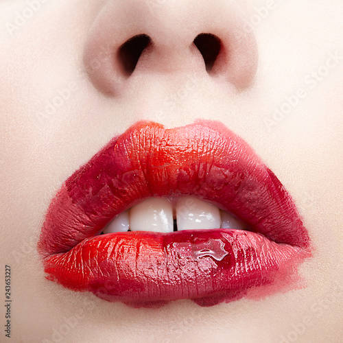 Human woman lips with unusual alyapy beauty makeup. Girl with perfect lips shape