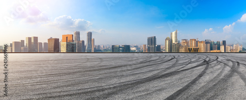 Asphalt road and city skyline in hangzhou,high angle view
