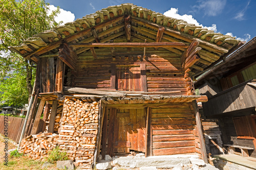 Typical wooden Walser house on the slopes of Monte Rosaa in Piedmont, Italy.