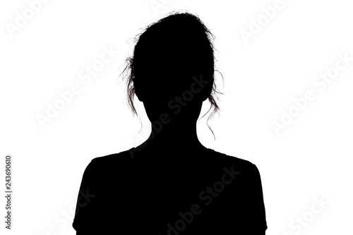 silhouette of a girl confidently looking forward, a young woman's head with a curl on a white isolated background