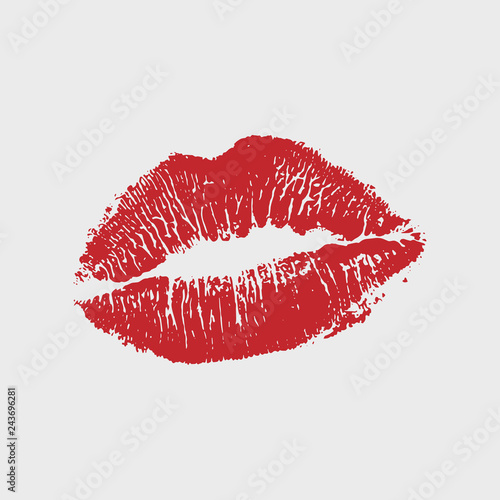 Vector illustration of womans girl red lipstick kiss mark isolated on white background. Valentines day icon, sign, symbol, clip art for design.