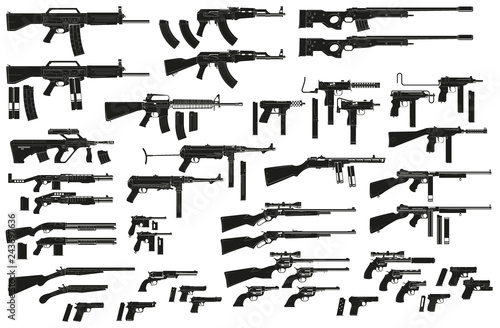 Graphic black detailed silhouette pistols, guns, rifles, submachines, revolvers and shotguns. Isolated on white background. Vector weapon and firearm icons set. Vol. 2