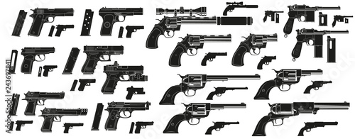 Graphic black and white detailed silhouette modern and retro pistols and revolvers with ammo clip. Isolated on white background. Vector icon set.