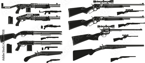 Graphic black and white detailed silhouette modern and retro shotguns and rifles with ammo clip. Isolated on white background. Vector icon set.