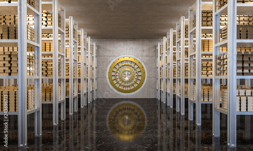  3d interior of a bank vault where hundreds of gold bars are placed, a concept of wealth and security. huge leads to protection.