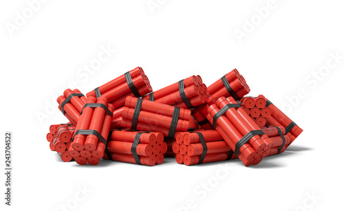 3d rendering of a heap of bundles of dynamite sticks on a white background.