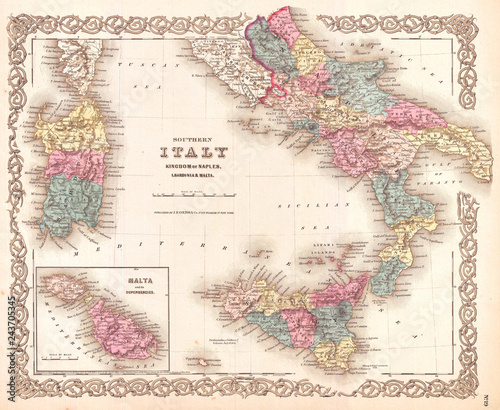 1855, Colton's Map of Southern Italy, Sicily, Sardinia and Malta