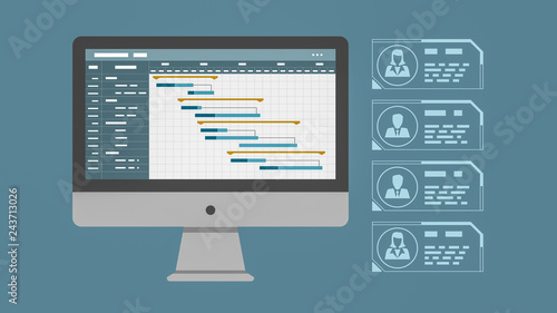 front view of a computer with a project management software showing a gantt chart, at the right, the list of people assigned to the tasks, 2d flat cartoon style