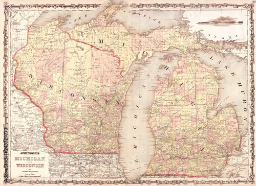 1862, Johnson Map of Wisconsin and Michigan