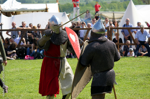 Knights fighting on tournament in Czersk castle, south of Warsaw, Mazovia, Poland