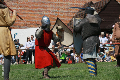 Knights fighting on tournament in Czersk castle, south of Warsaw, Mazovia, Poland