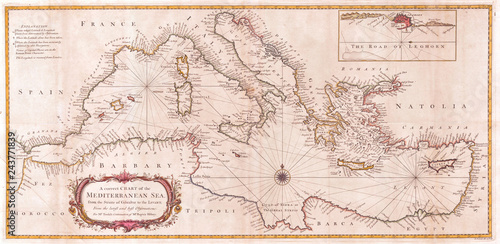 1745, Seale Map or Chart of the Mediterranean Sea