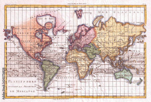 1780, Raynal and Bonne Map of the World, Rigobert Bonne 1727 – 1794, one of the most important cartographers of the late 18th century