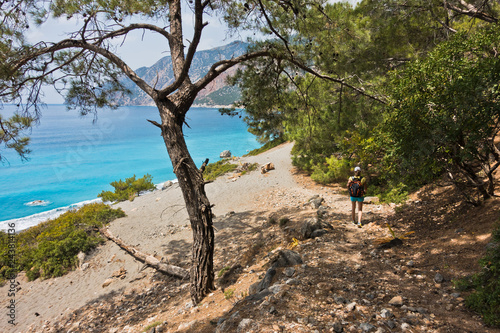 Downhill to Agios Pavlos beach from e4 trail between Loutro and Agia Roumeli at south-west od Crete island, Greece