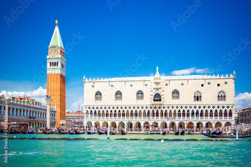 Panoramic view of Venice from Grand Canal - Dodge Palace, Campanile on Piazza San Marco (Saint Mark Square), Venice, Italy