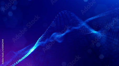 Particles form line and surface grid. 3d rendering. Science fiction background of glowing particles with depth of field and bokeh. Motion graphics microwold. Blue 39
