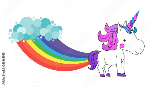 White cute unicorn with rainbow hair. Vector illustration. Kawaii fantasy animal with rainbow and clouds