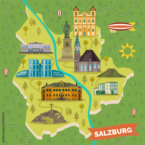 Traveling map with landmarks of Salzburg.