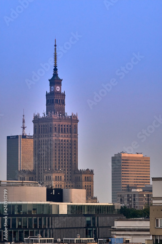 Warsaw, Poland - August 11, 2017: City center with Palace of Culture and Science (PKiN), a landmark and symbol of Stalinism and communism