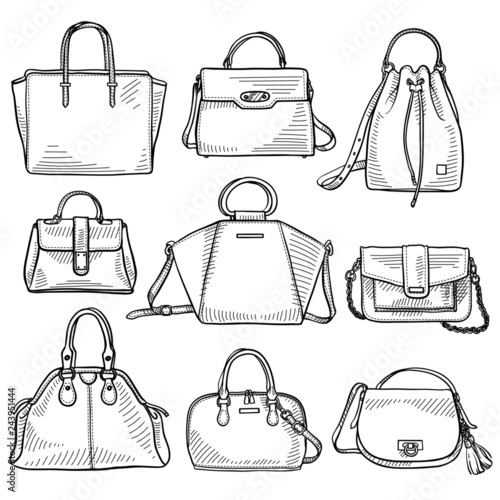 Set of 9 sketches of ladies' handbags. Fashion accessories. Hand drawn vector illustration. Isolated