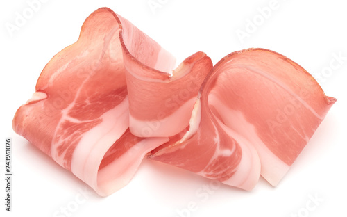 Italian prosciutto crudo or jamon. Raw ham. Isolated on white background